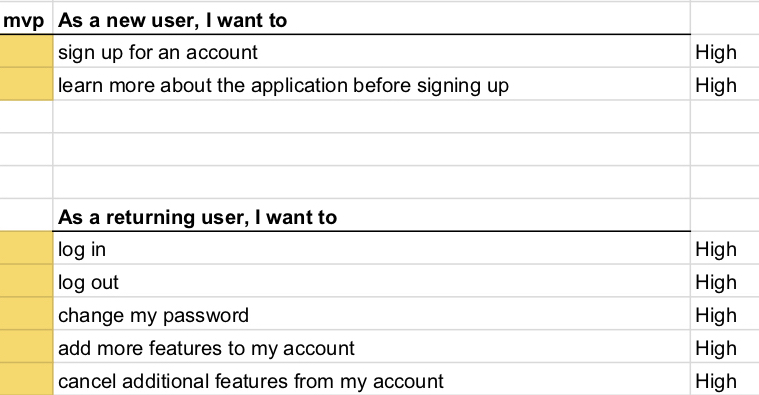 User Stories for new and returning users