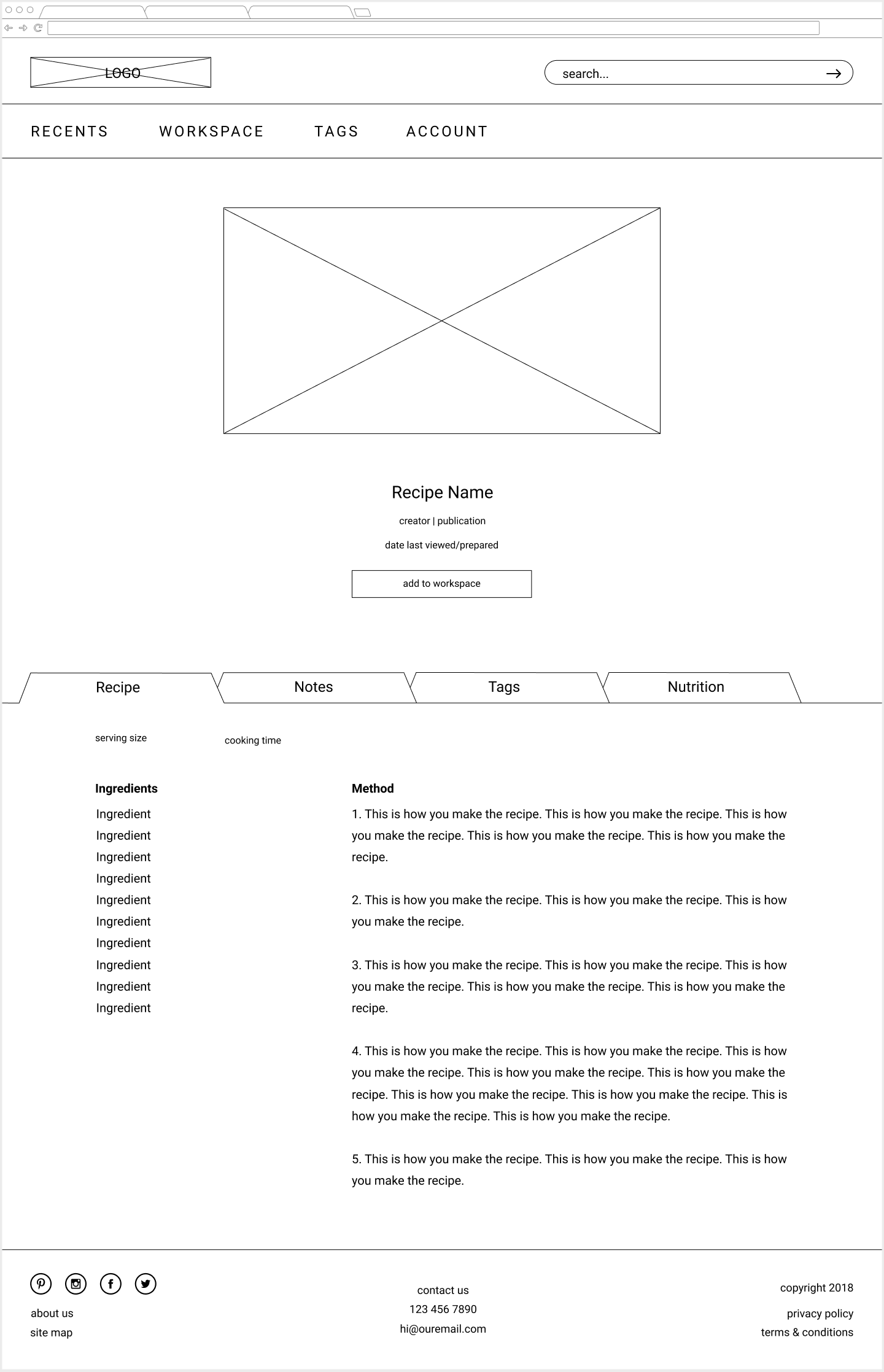 desktop recipe screen wieframe