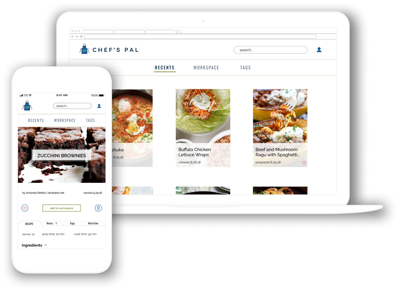 screen mockups of the Chef's Pal application